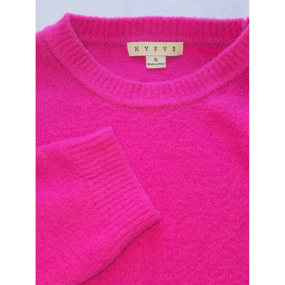 Hyfve Womens Hot Pink Cropped Sweater Fuzzy Knit Crewneck Pullover Fuchsia Small